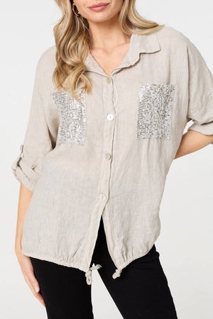 Beige | Sequin Detail 3/4 Turn-Up Sleeve Shirt
