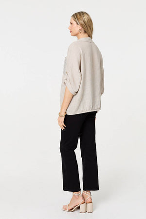 Beige | Sequin Detail 3/4 Turn-Up Sleeve Shirt
