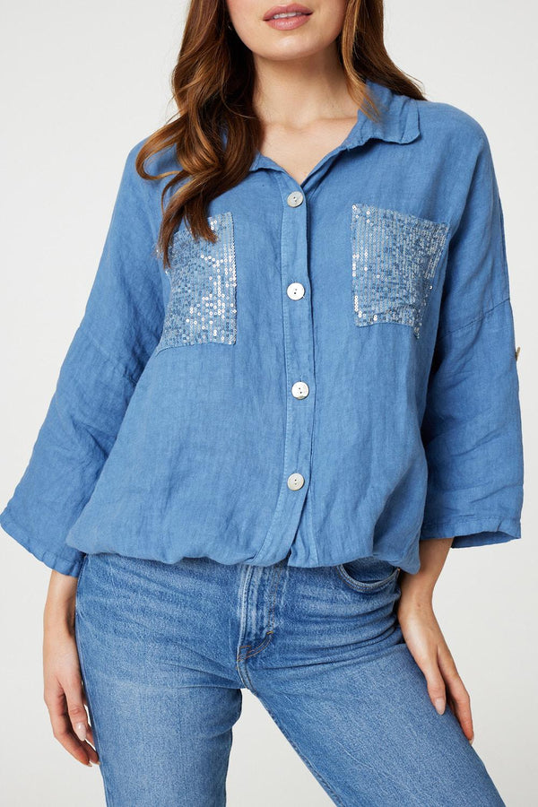Blue | Sequin Detail 3/4 Turn-Up Sleeve Shirt

