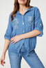 Blue | Sequin Detail 3/4 Turn-Up Sleeve Shirt
