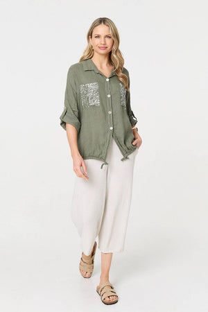 Khaki | Sequin Detail 3/4 Turn-Up Sleeve Shirt
