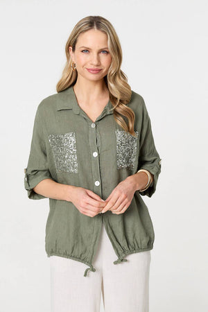 Khaki | Sequin Detail 3/4 Turn-Up Sleeve Shirt : Model is 5'10