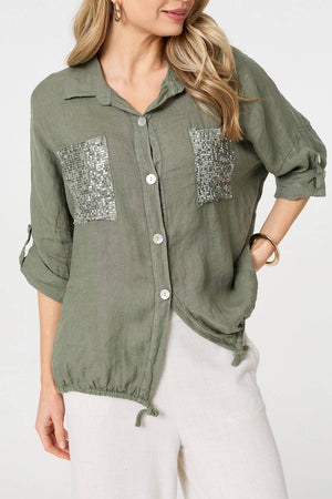Khaki | Sequin Detail 3/4 Turn-Up Sleeve Shirt
