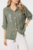 Khaki | Sequin Detail 3/4 Turn-Up Sleeve Shirt
