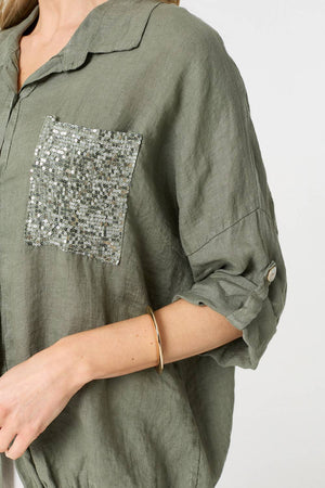 Khaki | Sequin Detail 3/4 Turn-Up Sleeve Shirt
