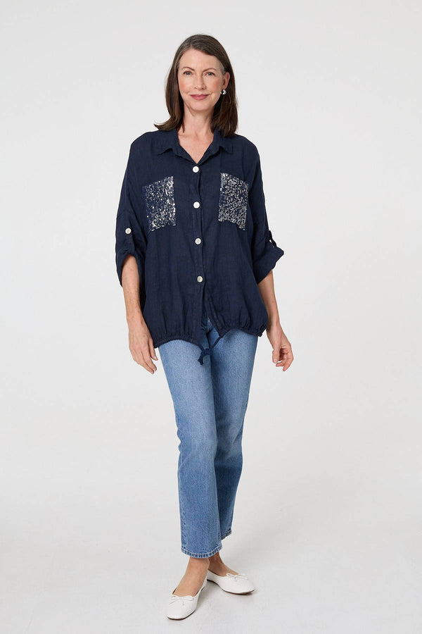Blue | Sequin Detail 3/4 Turn-Up Sleeve Shirt
