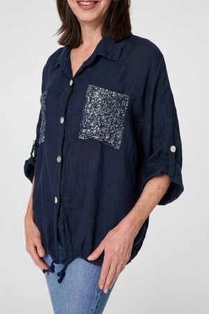 Blue | Sequin Detail 3/4 Turn-Up Sleeve Shirt
