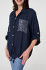 Blue | Sequin Detail 3/4 Turn-Up Sleeve Shirt
