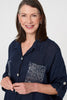Blue | Sequin Detail 3/4 Turn-Up Sleeve Shirt

