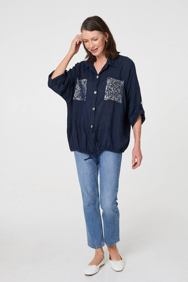 Blue | Sequin Detail 3/4 Turn-Up Sleeve Shirt
