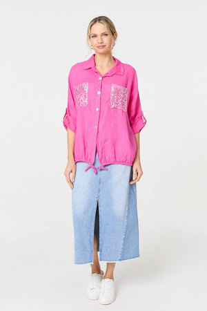 Pink | Sequin Detail 3/4 Turn-Up Sleeve Shirt
