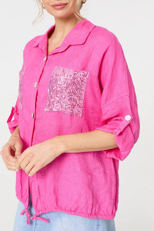 Pink | Sequin Detail 3/4 Turn-Up Sleeve Shirt
