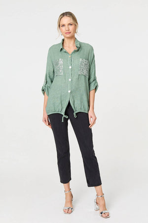 Sage | Sequin Detail 3/4 Turn-Up Sleeve Shirt
