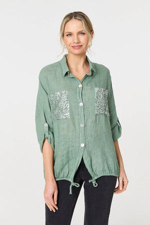 Sage | Sequin Detail 3/4 Turn-Up Sleeve Shirt : Model is 5'10
