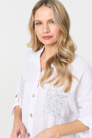 White | Sequin Detail 3/4 Turn-Up Sleeve Shirt
