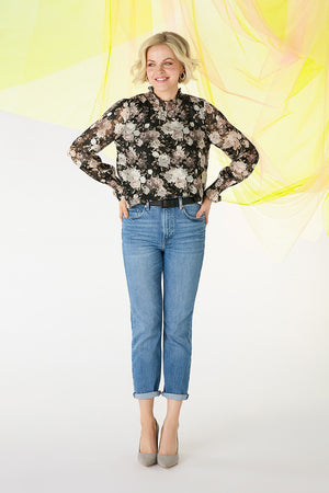 Black | Floral High Shirred Neck Blouse : Model is 5'10