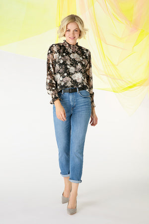 Black | Floral High Shirred Neck Blouse