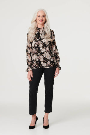 Black | Floral High Shirred Neck Blouse : Model is 5'8.5"/174 cm and wears UK8/EU36/US4/AUS8