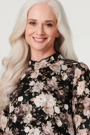 Black | Floral High Shirred Neck Blouse