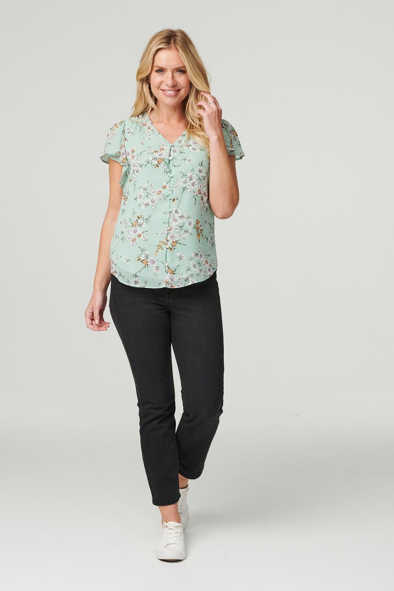 Green | Floral V-Neck Button Front Blouse