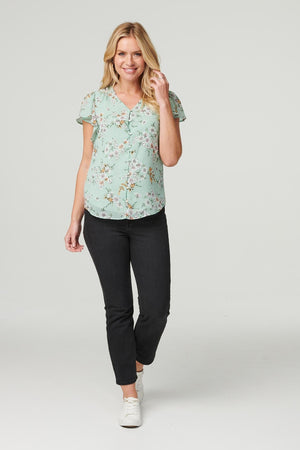 Green | Floral V-Neck Button Front Blouse