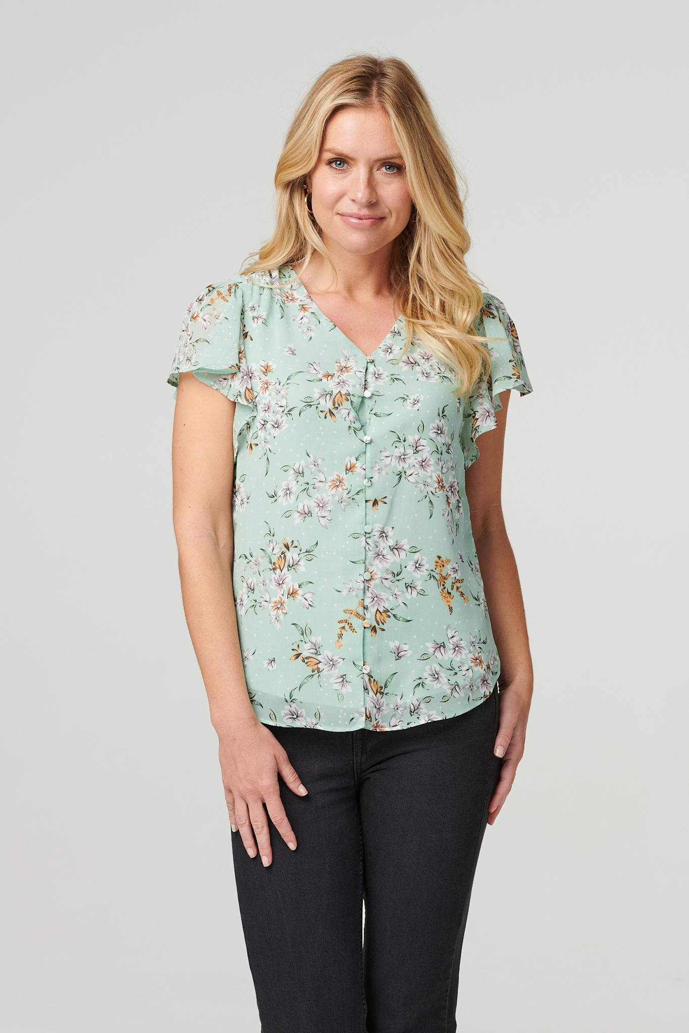 Green | Floral V-Neck Button Front Blouse