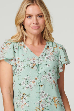 Green | Floral V-Neck Button Front Blouse