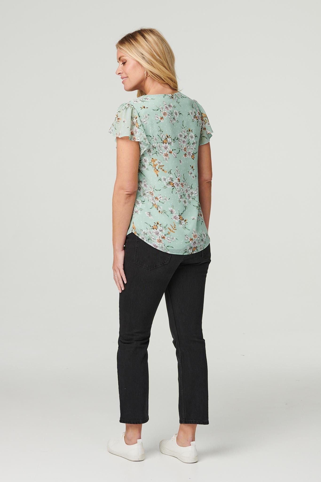 Green | Floral V-Neck Button Front Blouse