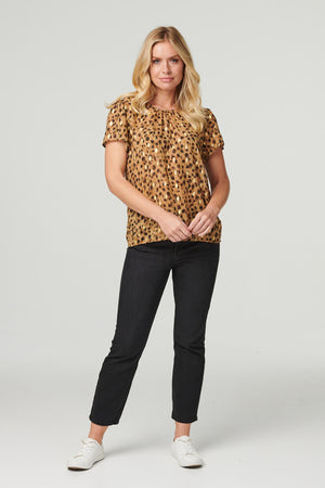 Beige | Metallic Animal Print Blouse Top