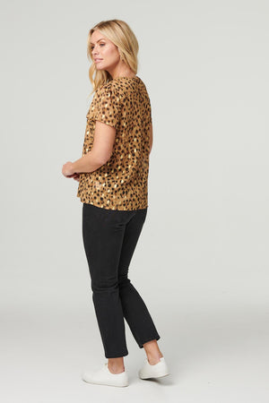 Beige | Metallic Animal Print Blouse Top