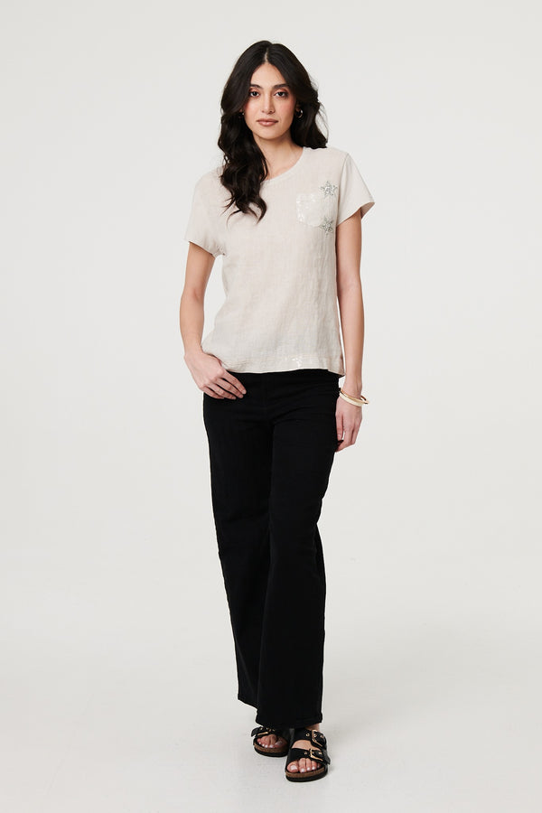 Beige | Metallic Star Detail Relaxed T-Shirt
