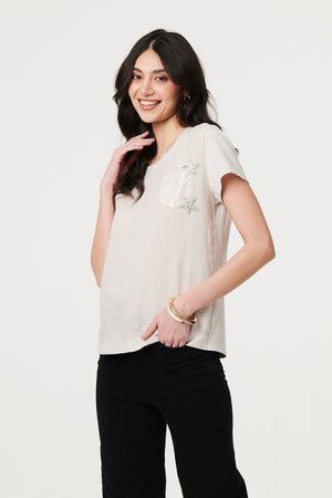 Beige | Metallic Star Detail Relaxed T-Shirt
