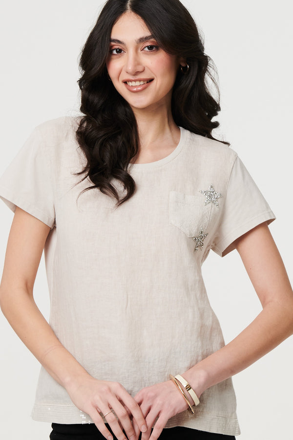 Beige | Metallic Star Detail Relaxed T-Shirt
