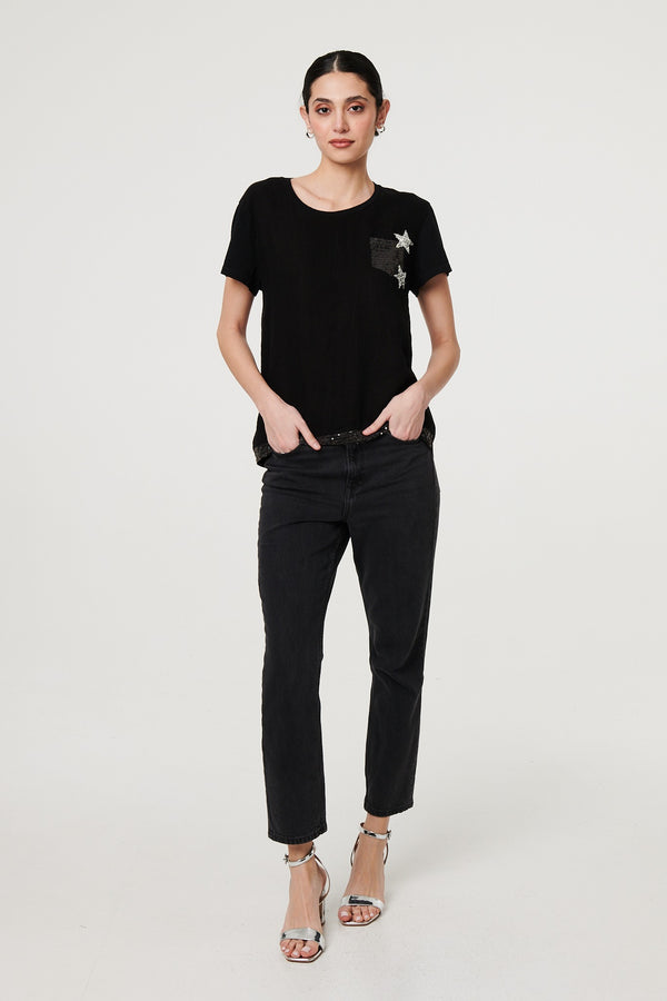 Black | Metallic Star Detail Relaxed T-Shirt
