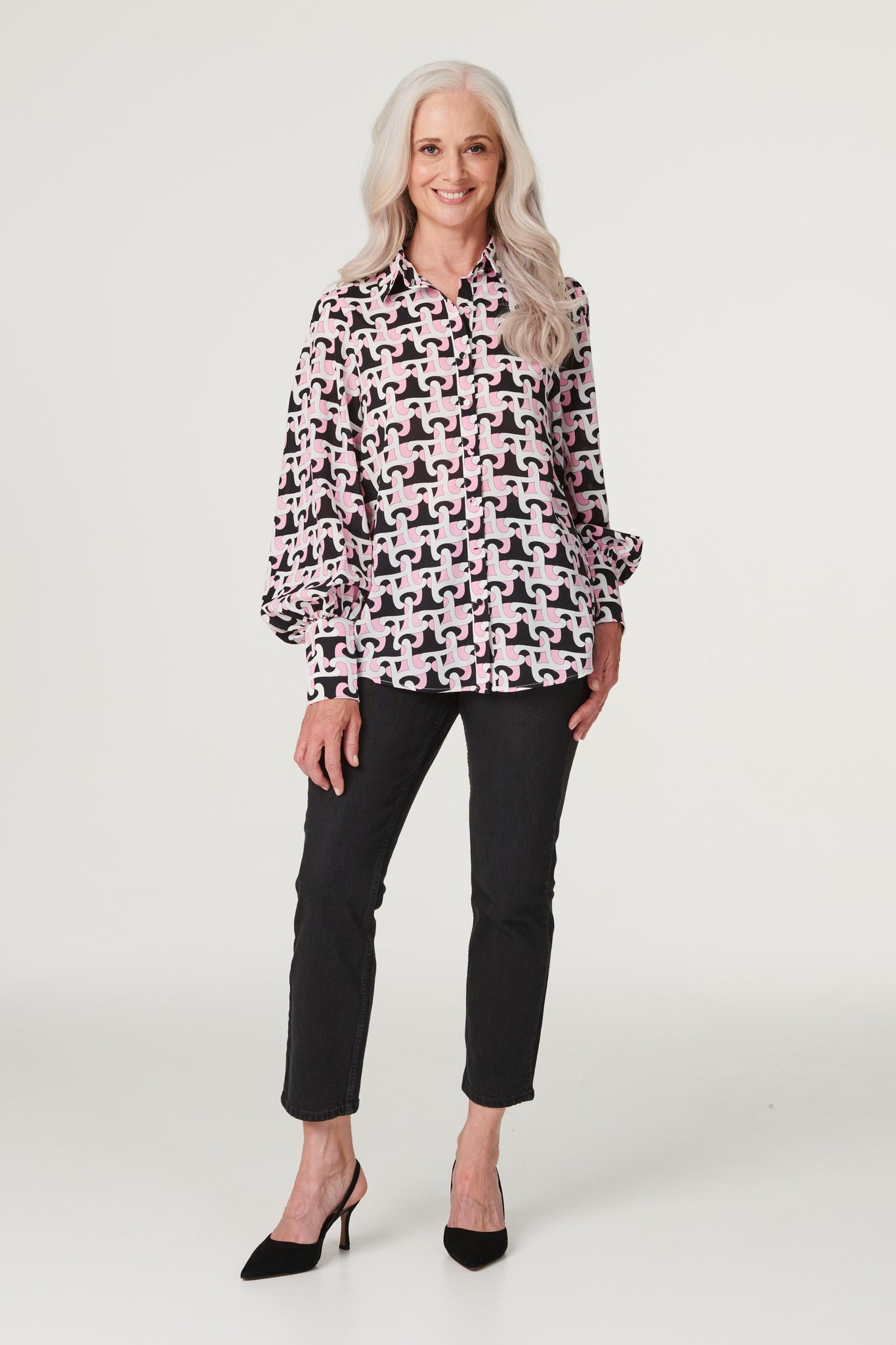 Pink | Geo Print Puff Sleeve Shirt