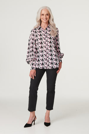 Pink | Geo Print Puff Sleeve Shirt