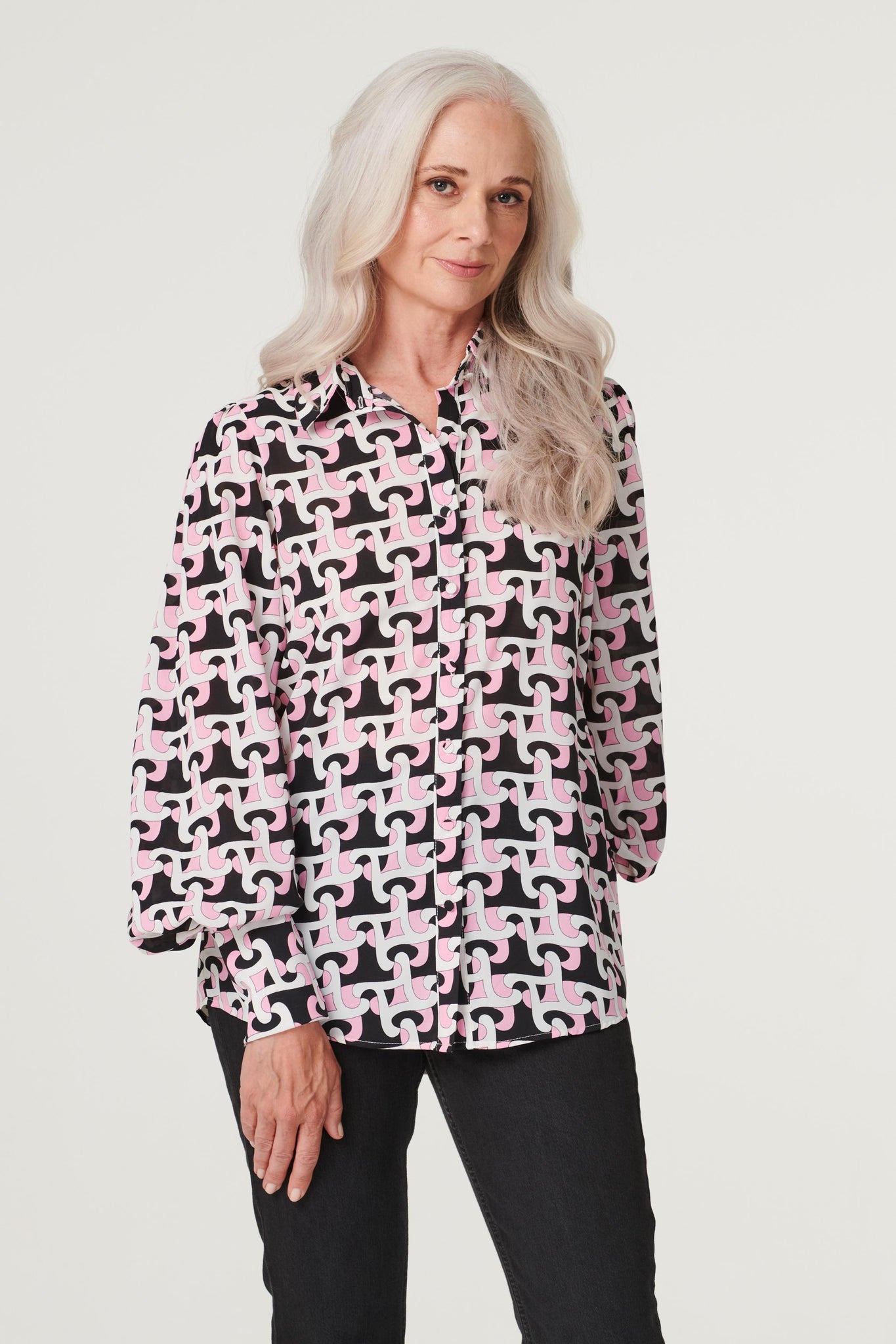 Pink | Geo Print Puff Sleeve Shirt