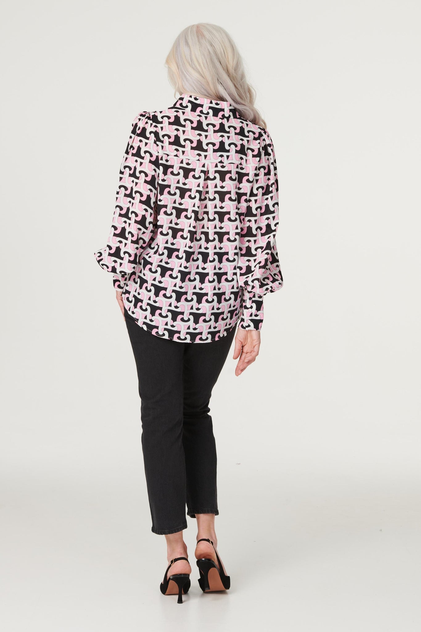 Pink | Geo Print Puff Sleeve Shirt