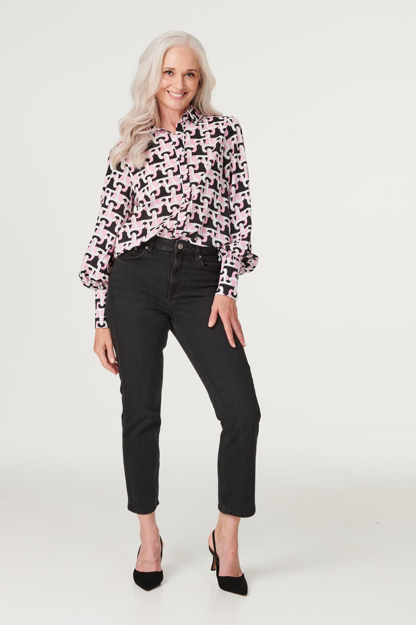 Pink | Geo Print Puff Sleeve Shirt