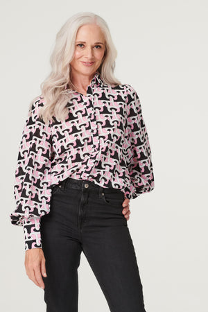 Pink | Geo Print Puff Sleeve Shirt