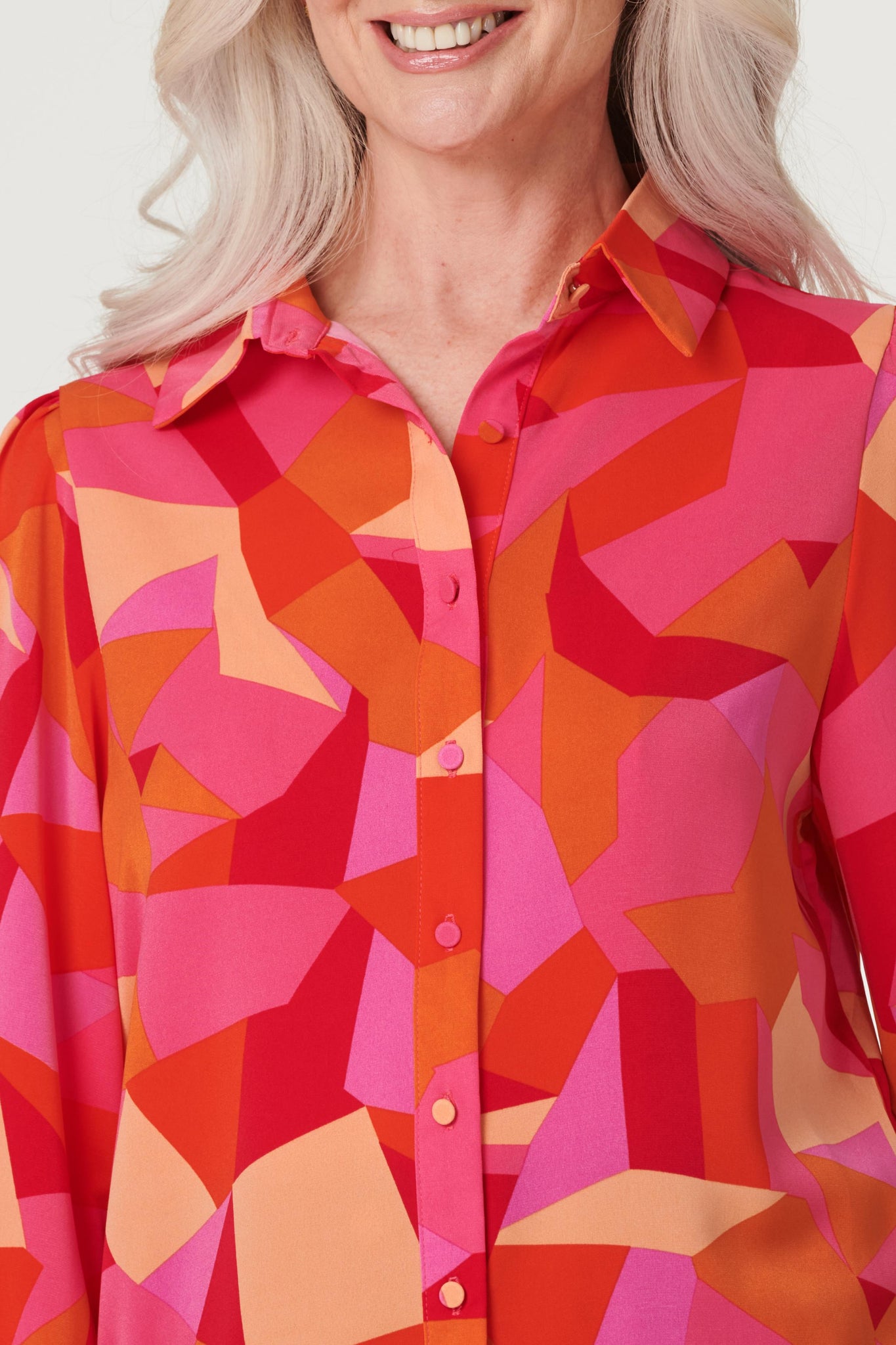 Pink | Abstract Print Puff Sleeve Shirt