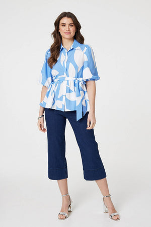 Blue | Abstract Puff Sleeve Tie Waist Blouse

