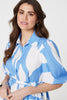 Blue | Abstract Puff Sleeve Tie Waist Blouse
