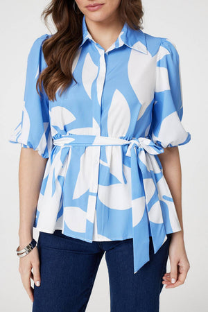Blue | Abstract Puff Sleeve Tie Waist Blouse
