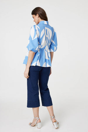 Blue | Abstract Puff Sleeve Tie Waist Blouse
