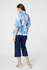 Blue | Abstract Puff Sleeve Tie Waist Blouse
