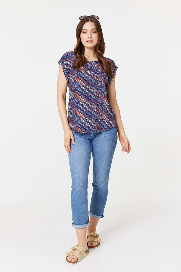 Navy | Printed Cap Sleeve Shell Top