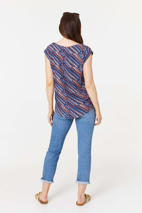 Navy | Printed Cap Sleeve Shell Top