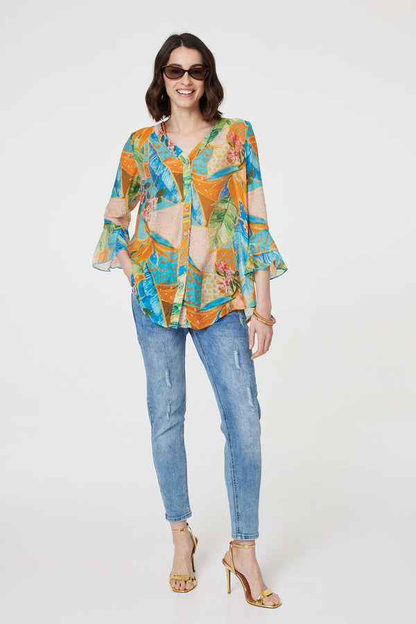 Orange | Leaf Print Button Front Blouse