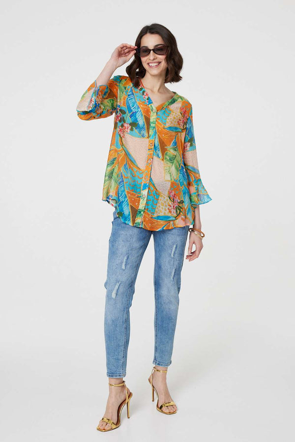 Orange | Leaf Print Button Front Blouse